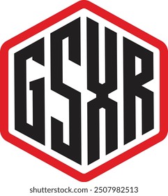 Red and black alphabet logo of G,S,X,R alphabets , this alphabets are hexagon shaped and the logo in a Red outline of hexagon,the outline shape is simple , shiluette, very simple, Graphic, Symbol.