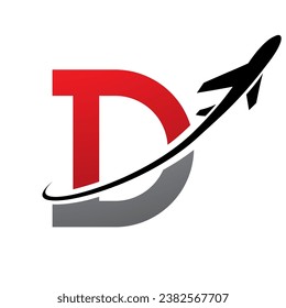 Red and Black Antique Letter D Icon with an Airplane on a White Background