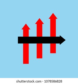 Red with black arrow line upper vector isolated on blue background.