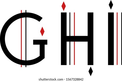Red and black art deco / gothic abstract font with rhombuses and lines: G, H, I. Vector graphics, vector illustration