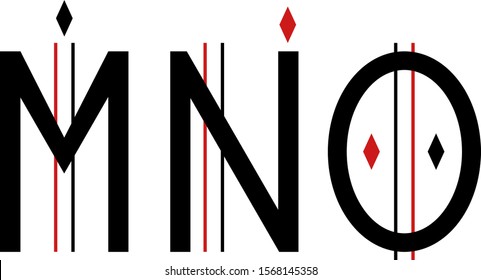 Red and black art deco / gothic abstract font with rhombuses and lines: M, N, O letters. Vector graphics, vector illustration