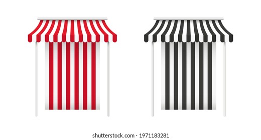 Red and black awnings. Striped awning. Tent sun shade for market on white background. Vector illustration