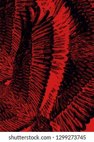 Red and black background. Vertical banner. To be used for cover copybook, print t shirt. Feathers pattern.