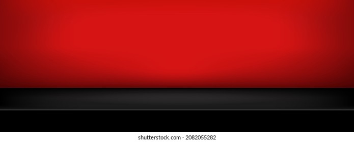 Red and black background.Studio scene room with for product display, advertising, show, award, winner on Red backdrop. 3d stage blank. Empty table floor. Color two-tone horizontal.Vector illustration.