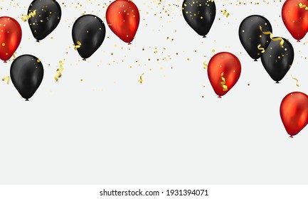 Red And Black Balloons Gold Confetti Glitters For Event And Holiday Poster. Background Celebration Vector Illustration.