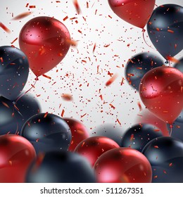 Red And Black Balloons And Holiday Confetti. Vector Holiday Illustration Of Flying Red And Black Balloons And Confetti Glitters. Award Ceremony Or Other Holiday Event Decoration Element
