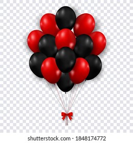 Red and black balloons and ribbons isolated on transparent background as celebration template concept.
