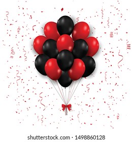 Red and black balloons, vector illustration. Confetti and ribbons, Celebration background template concept.