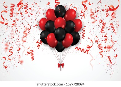 Red and black balloons, vector illustration. Confetti and ribbons, Celebration background template concept.