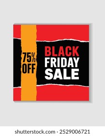 A red and black banner with ripped edges. It says "Black Friday Sale" and "75% off".