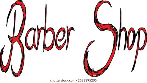 Sinal de barbeiro vermelho e preto com uma fonte moderna e elegante manuscrita, ideal para representar um lugar de corte de cabelo moderno