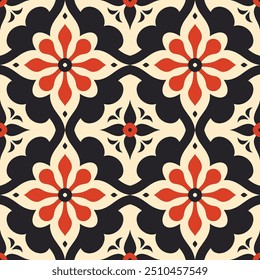 Vector de lujo rojo, negro y beige sin patrón. Ornamento, tradicional, étnico, árabe, turco, motivos indios. Ideal para tela y textiles, Fondo de pantalla, diseño de embalaje o cualquier idea deseada.