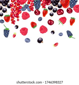 red and black berry and fruit falling from top on white background - cherry, blackcurrant, strawberry, wild strawberry, blueberry, blackberry, raspberry, redcurrant - realistic vector illustration