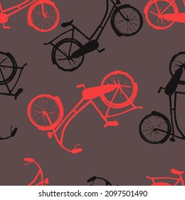 Red and black bicycles on brown background, vector pattern suitable for fabric, paper, textile, for kids
