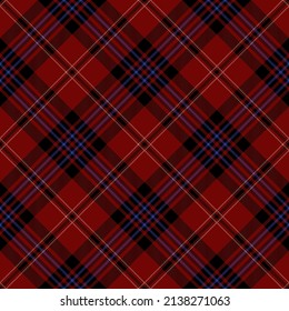 Red, black and blue argyle tartan plaid. Scottish pattern fabric swatch close-up. 