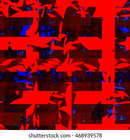 Red, black and blue background, for fabric. Shapeless spots, stylized leaves. Pattern cut into vertical and horizontal strips. Overlay, transparent. Abstract seamless vector template. Grunge texture