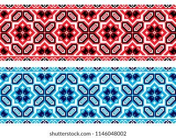 red and black and blue colors ukrainian cross stitch embroidery. national pixel pattern. ethnic ornament