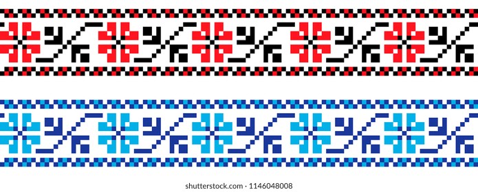red and black and blue colors ukrainian cross stitch embroidery. national pixel pattern. ethnic ornament