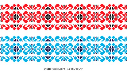 red and black and blue colors ukrainian cross stitch embroidery. national pixel pattern. ethnic ornament