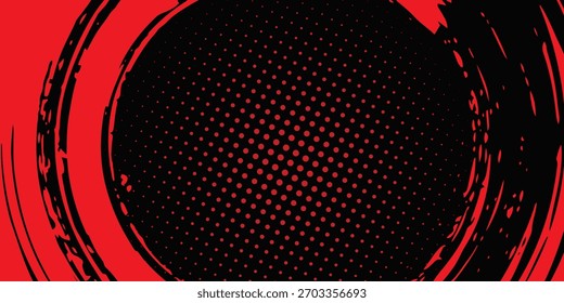 Fondo de textura grunge degradado rojo, negro y azul con puntos de semitono. Ilustración vectorial de estilo deportivo de cómic de arte Pop.