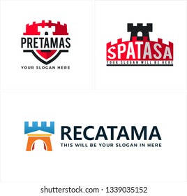 Red black blue line art fortress badge combination mark logo design concept suitable for home technology castle building