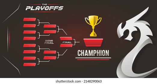 Red and black bracket design with dragon logo. printable sport game tournament championship contest stage, elimination board chart vector with champion trophy prize icon illustration background