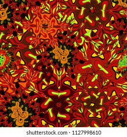 Red, black, brown and orange on colors. Tender fabric pattern. Vector. Doodles pattern. Seamless Abstract interesting background.