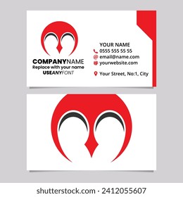 Red and Black Business Card Template with Round Pointy Tipped Letter M Logo Icon Over a Light Grey Background