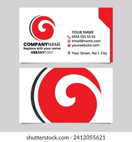 Red and Black Business Card Template with Whirl Shaped Letter O Logo Icon Over a Light Grey Background