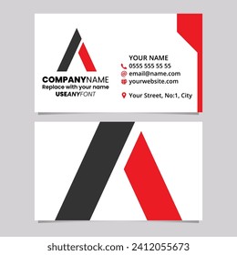 Red and Black Business Card Template with Trapezium Shaped Letter A Logo Icon Over a Light Grey Background