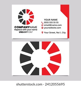 Red and Black Business Card Template with Striped Letter O Logo Icon Over a Light Grey Background