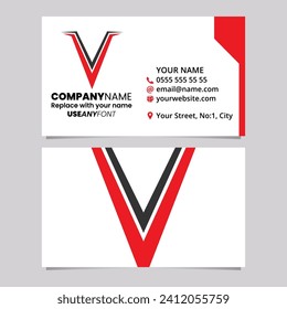 Red and Black Business Card Template with Spiky Shaped Letter V Logo Icon Over a Light Grey Background