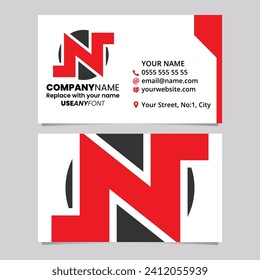 Red and Black Business Card Template with Round Bold Letter N Logo Icon Over a Light Grey Background