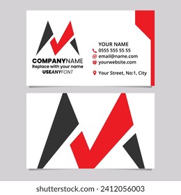Red and Black Business Card Template with Pointy Tipped Letter M Logo Icon Over a Light Grey Background