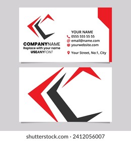 Red and Black Business Card Template with Pointy Tipped Letter C Logo Icon Over a Light Grey Background