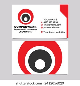 Red and Black Business Card Template with Nested Circle Shaped Letter O Logo Icon Over a Light Grey Background