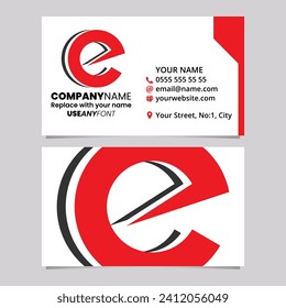 Red and Black Business Card Template with Layered Letter E Logo Icon Over a Light Grey Background