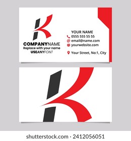 Red and Black Business Card Template with Italic Arrow Shaped Letter K Logo Icon Over a Light Grey Background