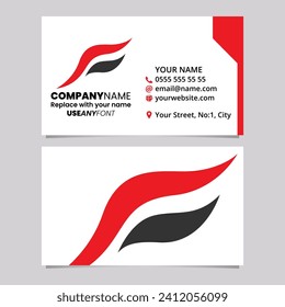 Red and Black Business Card Template with Flying Bird Shaped Letter F Logo Icon Over a Light Grey Background