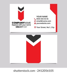 Red and Black Business Card Template with Down Facing Arrow Shaped Letter I Logo Icon Over a Light Grey Background