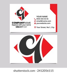Red and Black Business Card Template with Diamond Shaped Letter Q Logo Icon Over a Light Grey Background