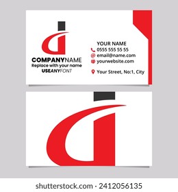 Red and Black Business Card Template with Curvy Pointed Letter D Logo Icon Over a Light Grey Background