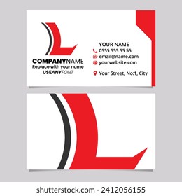 Red and Black Business Card Template with Concave Lens Shaped Letter L Logo Icon Over a Light Grey Background