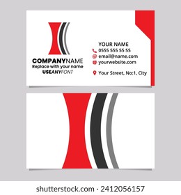 Red and Black Business Card Template with Concave Lens Shaped Letter I Logo Icon Over a Light Grey Background