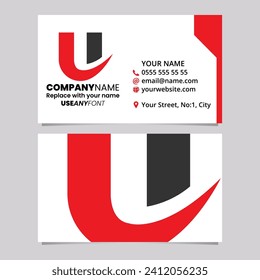 Red and Black Business Card Template with Bold Curvy Shaped Letter U Logo Icon Over a Light Grey Background