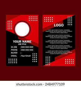 A red and black business card with white dots and text. 