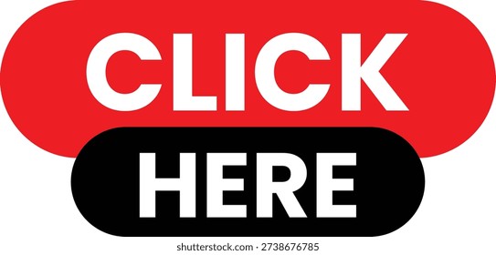 A red and black button with white text that says click here on a plain white background. The button is likely used as a call to action in a digital context, such as a website or application. The design is simple and straightforward, making it easy to read and understand. The use of contrasting colors and clear typography makes the button stand out and grab the user's attention. The vector can be used in various contexts, such as web design, marketing, and advertising, to encourage users to take action or engage with a product or service.