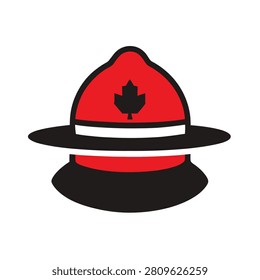 Red and black canadian mountie hat with a maple leaf symbol on a plain white background isolated