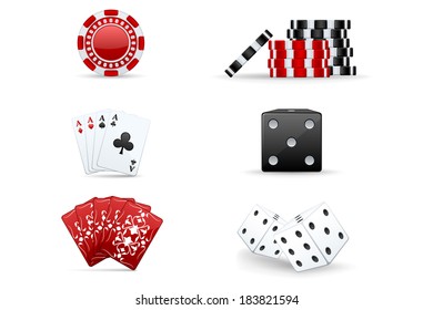 Red and black casino icons: chips, dices, cards