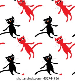 Red and black cats on a white background. Pattern.